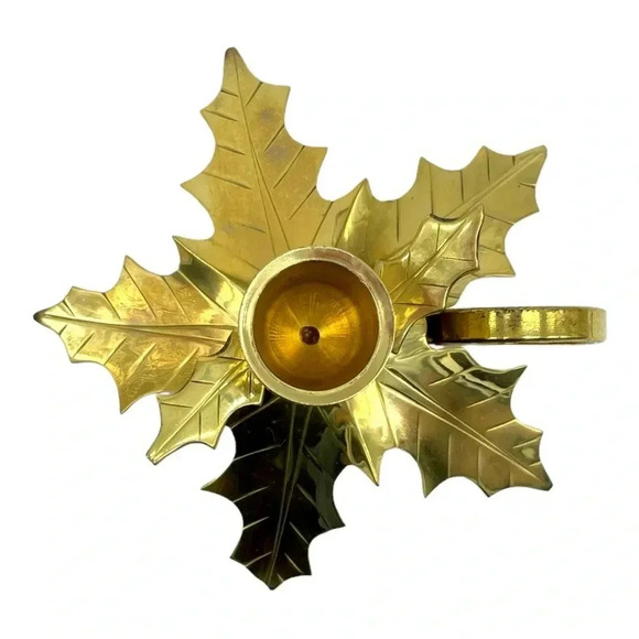 BRASS Holly / Poinsettia Leaf Candlestick Holder w/Ring Shape Handle NIB - Picture 2 of 6